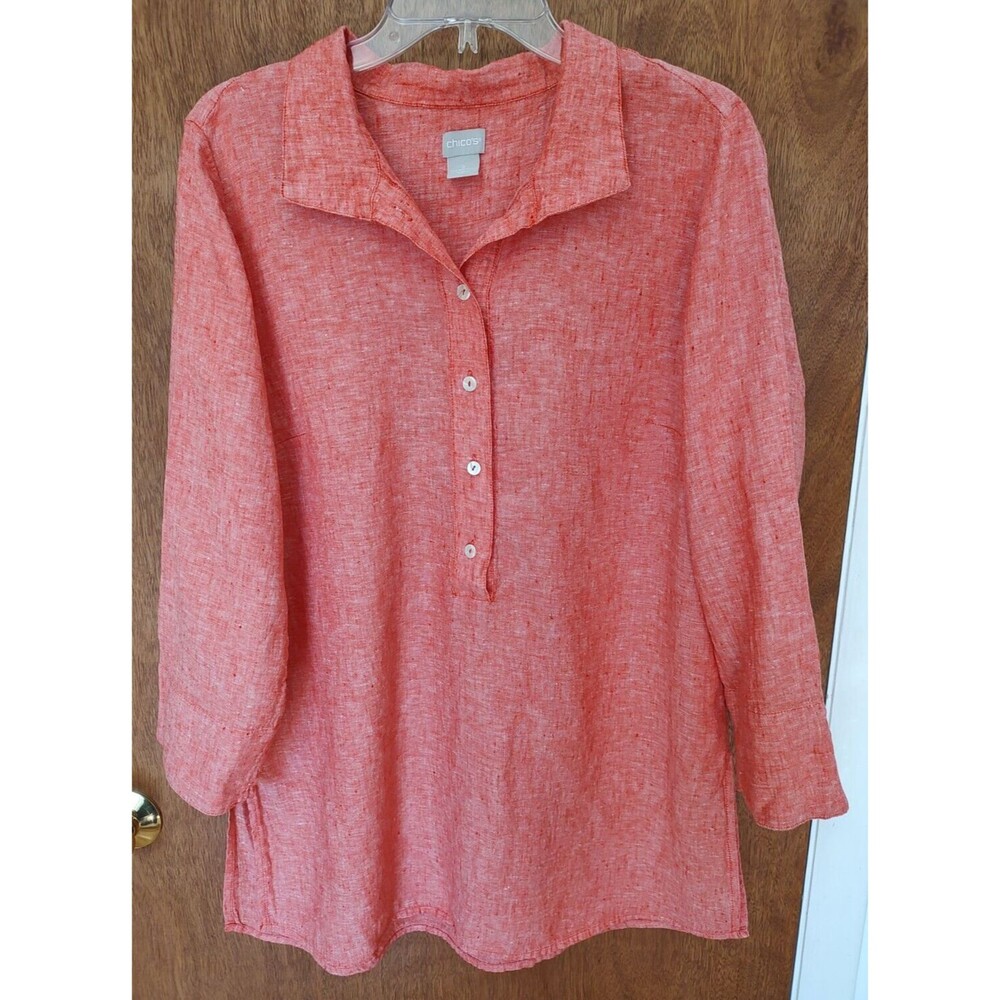 Chico's size 2 (L/12) orange 100% linen button up tunic notched cuffs